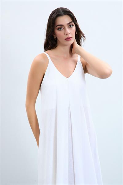 Платье из 100% льна на тонких бретелях 10K3582BEYAZ
