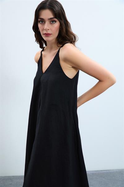 Платье из 100% льна на тонких бретелях 10K3582SİYAH