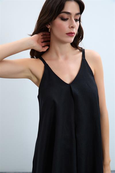 Платье из 100% льна на тонких бретелях 10K3582SİYAH