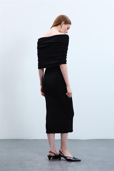 Платье с открытыми плечами из 100% органического хлопка ELB10486SİYAH