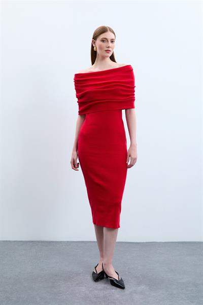 Платье с открытыми плечами из 100% органического хлопка ELB10486KIRMIZI