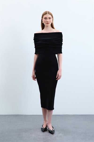 Платье с открытыми плечами из 100% органического хлопка ELB10486SİYAH