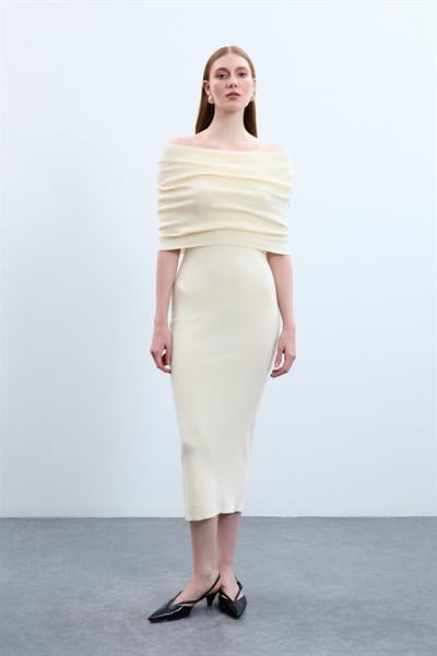 Платье с открытыми плечами из 100% органического хлопка ELB10486KEMİK