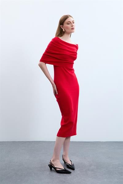 Платье с открытыми плечами из 100% органического хлопка ELB10486KIRMIZI