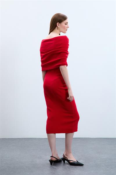 Платье с открытыми плечами из 100% органического хлопка ELB10486KIRMIZI