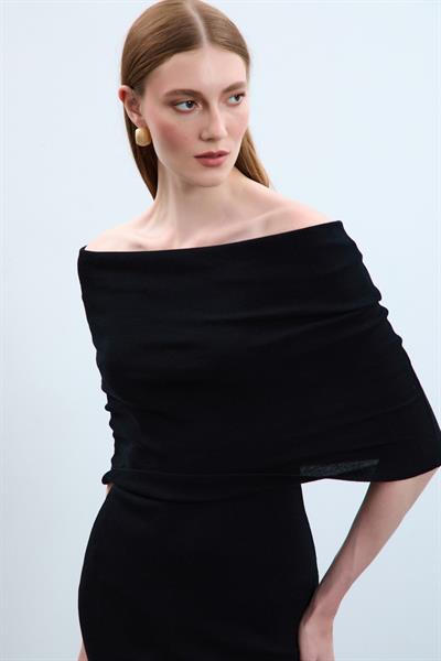 Платье с открытыми плечами из 100% органического хлопка ELB10486SİYAH