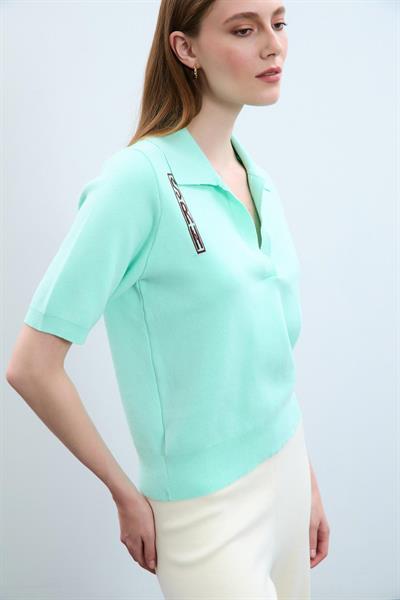 Свитер С Поло Воротником И Печатным Декором Из 100% Органического Хлопка KZK10652 MİNT YEŞİLİ