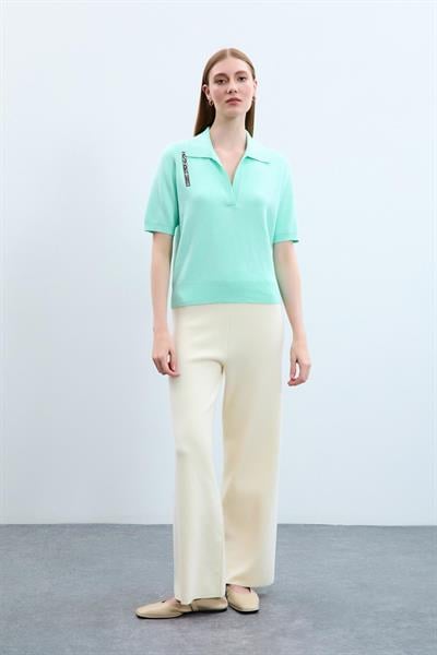 Свитер С Поло Воротником И Печатным Декором Из 100% Органического Хлопка KZK10652 MİNT YEŞİLİ