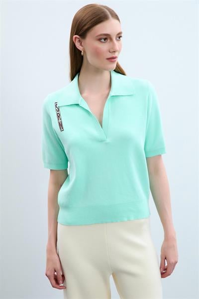 Свитер С Поло Воротником И Печатным Декором Из 100% Органического Хлопка KZK10652 MİNT YEŞİLİ