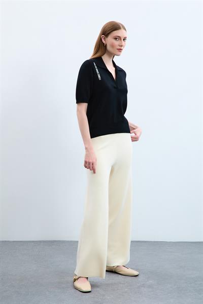 Свитер С Поло Воротником И Печатным Декором Из 100% Органического Хлопка KZK10652 SİYAH