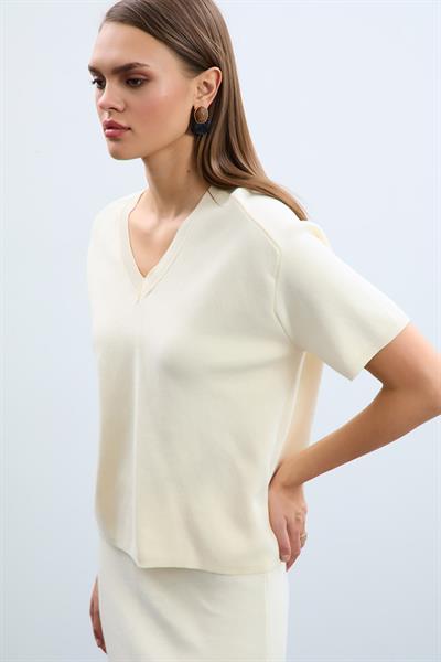 Свитер с V-образным вырезом из 100% органического хлопка KZK10984KEMİK