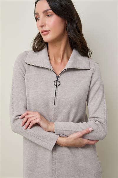 Платье из 100% шерсти на молнии с воротником поло и разрезом по бокам ELB12680BEJMELANJ