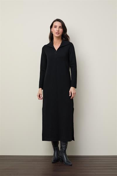 Платье из 100% шерсти на молнии с воротником поло и разрезом по бокам ELB12680SİYAH