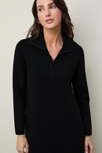 Платье из 100% шерсти на молнии с воротником поло и разрезом по бокам ELB12680SİYAH