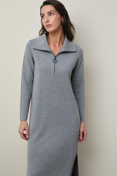 Платье из 100% шерсти на молнии с воротником поло и разрезом по бокам ELB12680GRİ