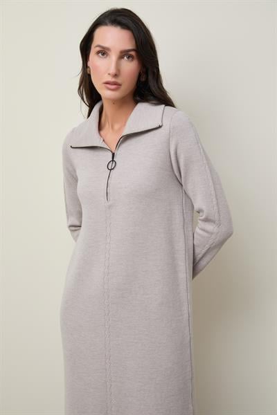 Платье из 100% шерсти на молнии с воротником поло и разрезом по бокам ELB12680BEJMELANJ