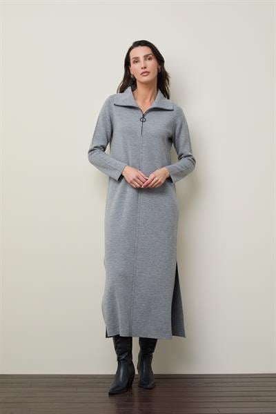 Платье из 100% шерсти на молнии с воротником поло и разрезом по бокам ELB12680GRİ