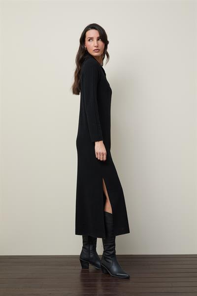 Платье из 100% шерсти на молнии с воротником поло и разрезом по бокам ELB12680SİYAH