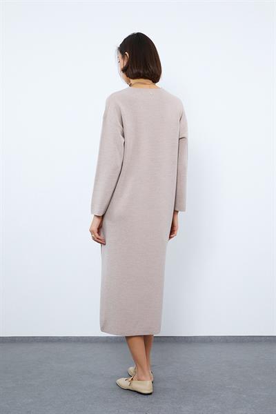 Платье миди с разрезами и поло-воротником из 100% шерсти. ELB10068BEJ MELANJ