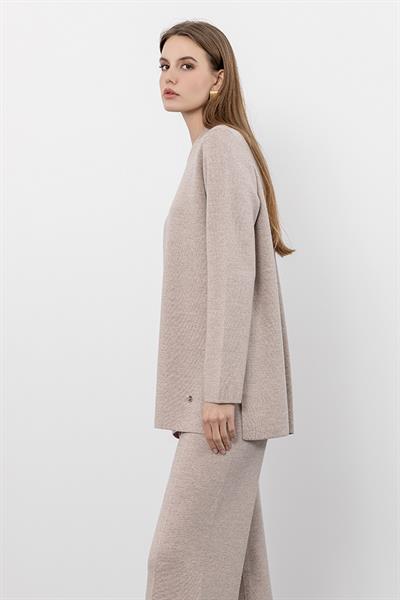 Свитер С Круглым Воротником Из 100% Шерсти С Боковыми Разрезами KZK9792 BEJMELANJ