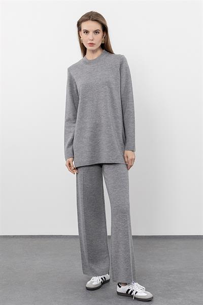 Свитер С Круглым Воротником Из 100% Шерсти С Боковыми Разрезами KZK9792 GRİ