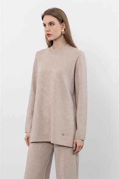 Свитер С Круглым Воротником Из 100% Шерсти С Боковыми Разрезами KZK9792 BEJMELANJ