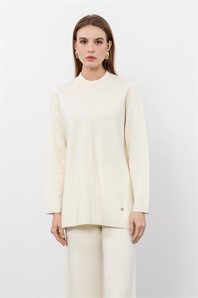 Свитер С Круглым Воротником Из 100% Шерсти С Боковыми Разрезами KZK9792 KEMİK