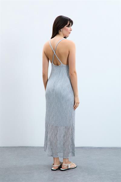 Ажурное платье с металлизированной завязкой на спине ELB9710GRİ