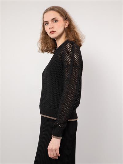 Ажурный кардиган на молнии в полоску с эффектом металлик HRK8062SIYAH