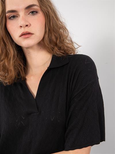 Ажурное платье с вырезом-поло и разрезом ELB9278SIYAH