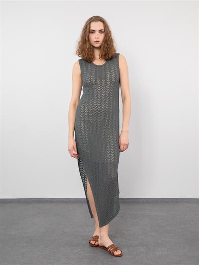 Асимметричное платье с ажурным разрезом и деталью ELB8004HAKI