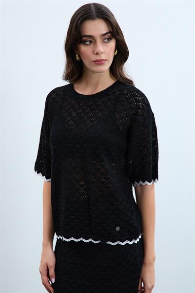 Ажурный свитер с цветной деталью KZK9336SİYAH