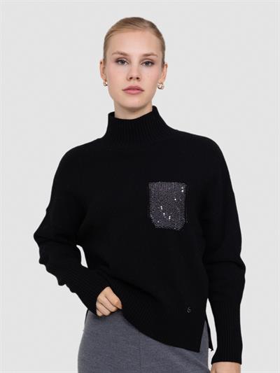 Свитер с воротником и карманом с пайетками KZK7192SIYAH