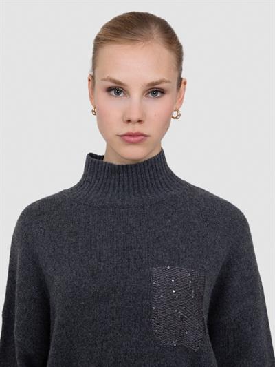 Свитер с воротником и карманом с пайетками KZK7192ANTRASIT