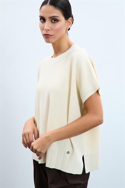 Свитер с круглым вырезом и короткими рукавами и пайетками KZK10858KEMİK