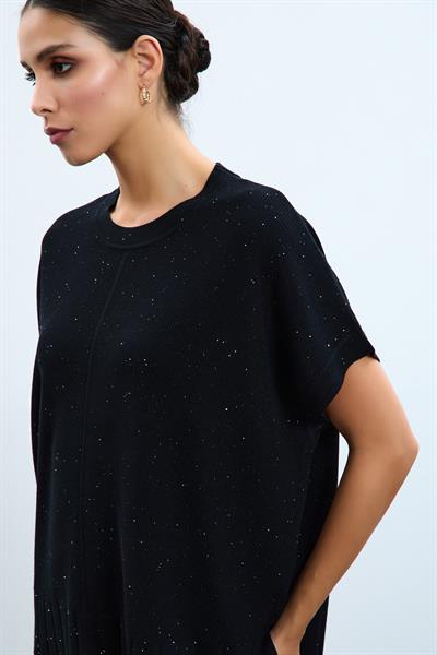 Свитер с круглым вырезом и короткими рукавами и пайетками KZK10858SIYAH