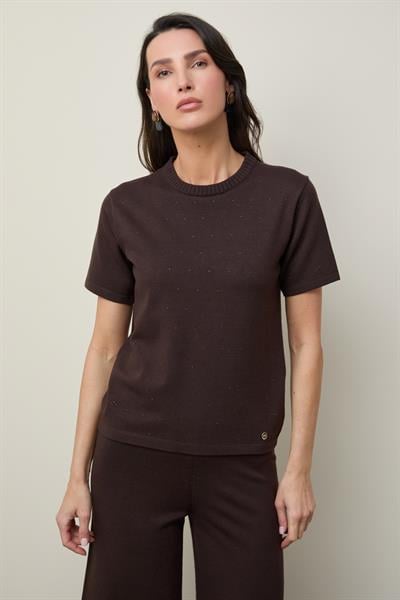 Джемпер с круглым вырезом и мини-пайетками KZK12742KAHVE