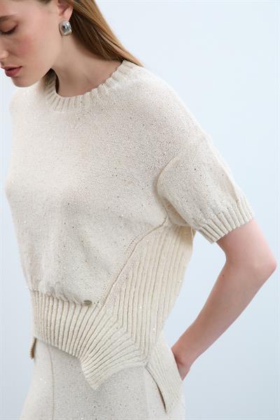 Свитер С Круглым Воротником И Пайетками С Вязаным Узором KZK10770 KEMİK