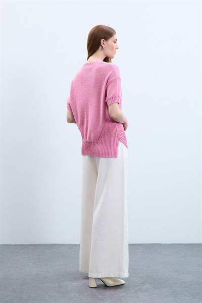 Свитер С Круглым Воротником И Пайетками С Вязаным Узором KZK10770 PEMBE