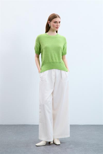 Свитер С Круглым Воротником И Пайетками С Вязаным Узором KZK10770 FISTIK YEŞİLİ