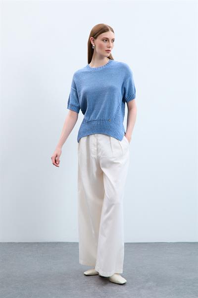 Свитер С Круглым Воротником И Пайетками С Вязаным Узором KZK10770 MAVİ