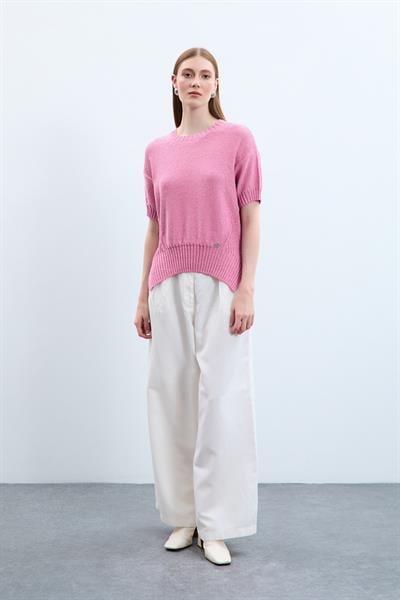 Свитер С Круглым Воротником И Пайетками С Вязаным Узором KZK10770 PEMBE