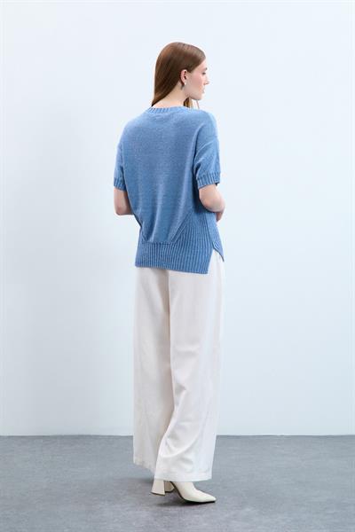 Свитер С Круглым Воротником И Пайетками С Вязаным Узором KZK10770 MAVİ