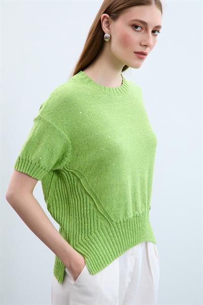Свитер С Круглым Воротником И Пайетками С Вязаным Узором KZK10770 FISTIK YEŞİLİ