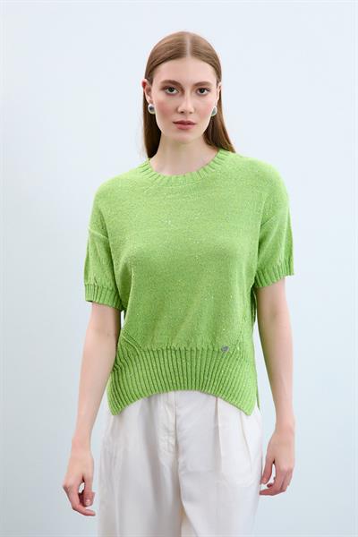 Свитер С Круглым Воротником И Пайетками С Вязаным Узором KZK10770 FISTIK YEŞİLİ