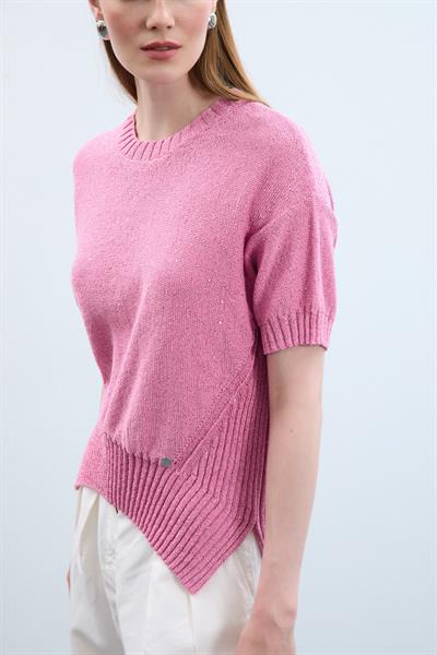 Свитер С Круглым Воротником И Пайетками С Вязаным Узором KZK10770 PEMBE