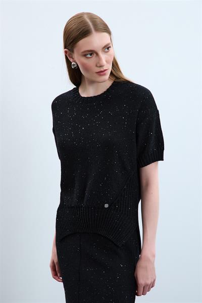 Свитер С Круглым Воротником И Пайетками С Вязаным Узором KZK10770 SİYAH