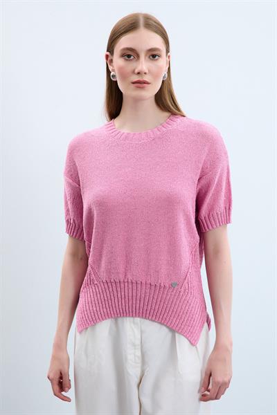 Свитер С Круглым Воротником И Пайетками С Вязаным Узором KZK10770 PEMBE