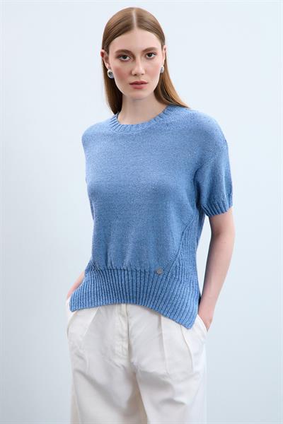 Свитер С Круглым Воротником И Пайетками С Вязаным Узором KZK10770 MAVİ