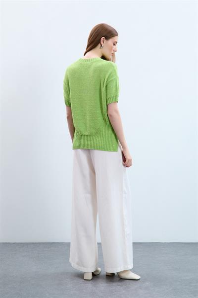 Свитер С Круглым Воротником И Пайетками С Вязаным Узором KZK10770 FISTIK YEŞİLİ